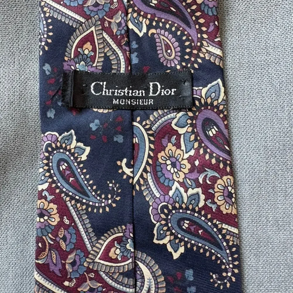 Christian Dior Monsieur Silk Tie Paisley Navy Burgundy Vintage USA OldMoney
